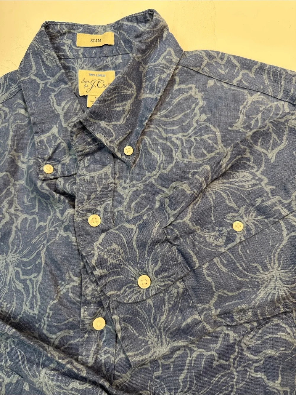J. Crew Linen Button Up Long Sleeve Shirt, Blue Tropical Floral Men's M Slim Fit